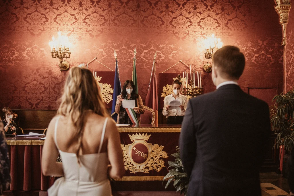 Newlyweds at Sala Rossa in Rome During Their Civil Wedding Ceremony